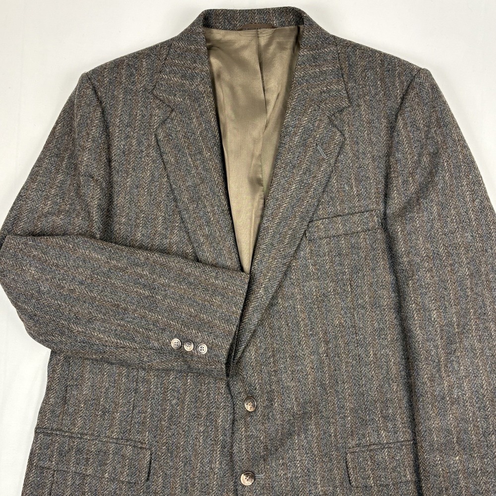 VTG Imperial by Haggar Striped Herringbone Wool Tweed Sport Coat 46L Brown/Gray